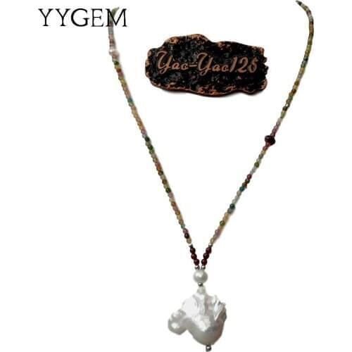 YYGEM Multi Color Tourmaline Garnet Necklace Cultured White Keshi Pearl Pendant