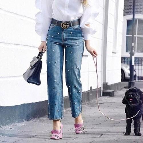 2020 Spring High Waist Embrodered Flares Jeans Women Straight Loose Denim Trousers Pearls Studded Jeans