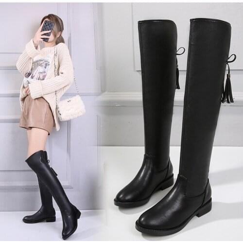 34-43 Plus Size fringe riding boots women soft pu leather shoes over-the-knee plush winter botte femme stovepipe long tube botas