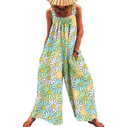 Summer Beach Jumpsuit Women Floral Print Suspender Sleeveless Overalls Wide Leg Pockets Oversized Romper Beachwear Streetwear