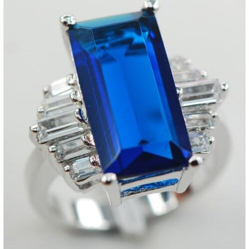 Blue Crystal Zircon White Crystal ZirconWomen 925 Sterling Silver Ring F874 Size 6 7 8 9 10