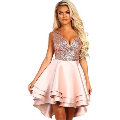 European ladies sexy dress new summer fashion v-neck sequins front Slim short back Medium length dresses women