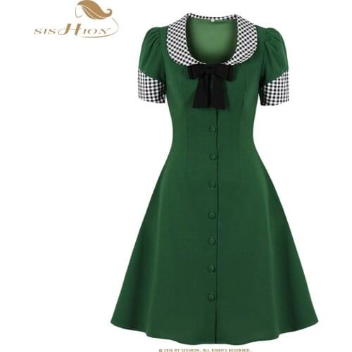 SISHION 50s 60s Vintage Square Collar Retro Dress Robe Femme VD2060 Short Sleeve Christmas Party Green Dresses 2021