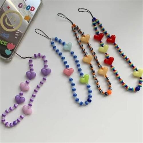 2021 New Color LOVE Acrylic Beads Soft Pottery Resin Mobile Phone Case Long and Short Chains Heart-shaped String Wristband