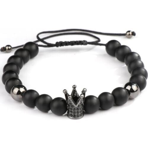 8mm hfh3 pave cz zircon cubic zirconia elastic adjusted Charm nature Black stone volcanic lava bead Crown Charm Bracelet