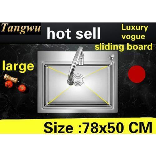 Free shipping Household large kitchen manual sink single trough luxurious sliding board 304 stainless steel hot sell 780x500 MM