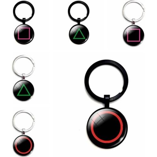 Fashion Geometric Shape Key Chain Round Square Triangle Glass Cabochon Pendant Key Ring Personality Charm Jewelry Gift
