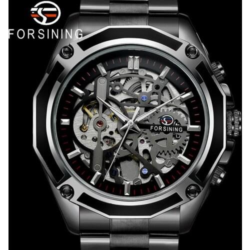 FORSINING Automatic Mechanical Men Wristwatch Military Sport Male Clock Top Brand Luxury Black Steel Skeleton New Man Watch 8130