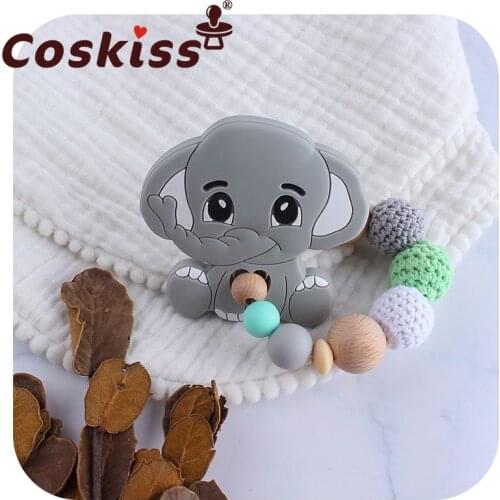 Coskiss Food Grade Silicone Big Pendant Beech Wooden Elephant Baby Teething Bracelet Wooden Toys 5Colors Baby Gift