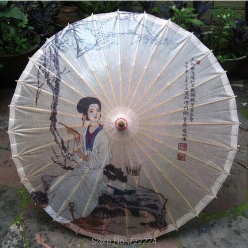 Dia 84cm Chinese Ancient Beautiful Girl Writting Painting Umbrella Classical Handmade Parasol Decoritive Oiled Paper Umbrella