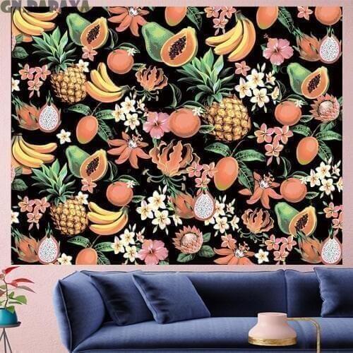 Fruits mandala Papaya tapestry boho decor tropical plants retro leaf kids room Yoga mat Polyester black Wall Hanging