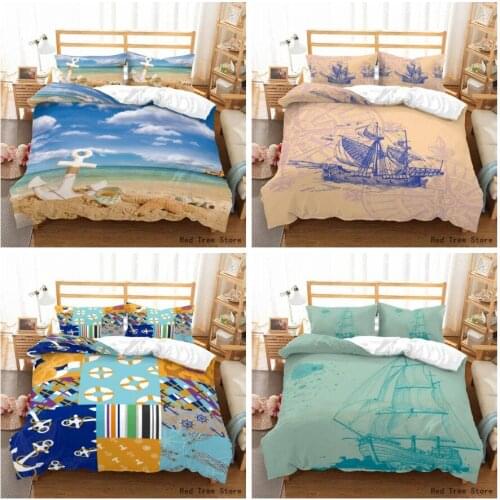 Cartoon Anchor Boat Printed Bedding Set Blue Seaside 2/3pcs Duvet Cover Pillow Case Twin Full Size Kids Bedclothes Soft Bedline
