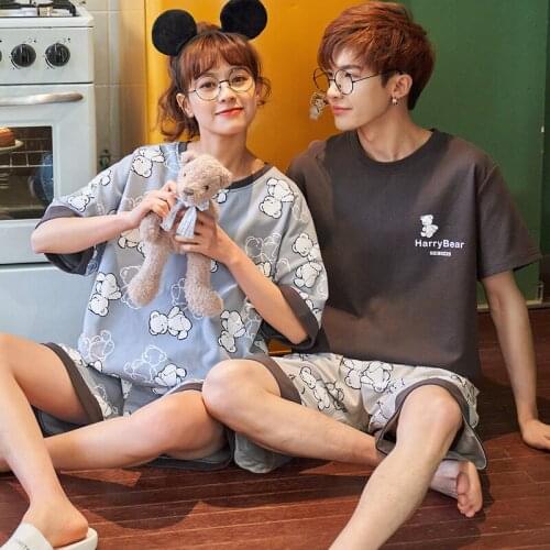 Fashion Couples Matching Pajamas Plus Size M-3XL Summer Cotton Short Sleeve Shorts Nightwear Kawaii Bear Cartoon Women Sleepwear