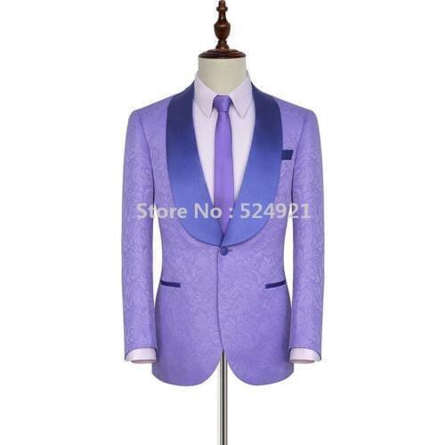 Newest Groomsmen Lavender Pattern Groom Tuxedos Shawl Lapel Men Suits Side Vent Wedding/Prom Best Man ( Jacket+Pants+Tie ) C272