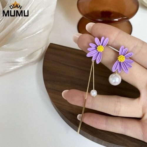 New creative asymmetric small daisy earrings earrings trendy tassel design pearl earrings