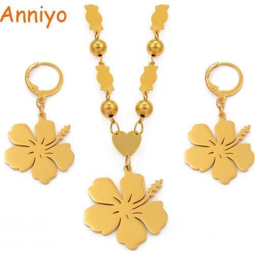 Anniyo Hawaii Flower Pendant Beads Necklaces Earrings Jewelry sets Gold Color Micronesia Marshall Pohnpei Guam #101921