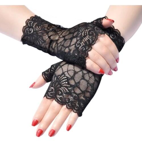 Fashion Sexy Summer Female Half Finger Sunscreen Short Lace Gloves Women Driving Rose Flower Pattern Fingerless Sun Gloves K49