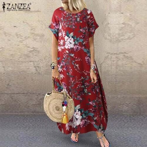 ZANZEA Vintage Summer Floral Printed Dress Women Sundress Bohemian Short Sleeve Loose Kaftan Vestidos Robe Femme Long Dresses