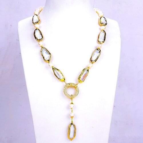 Freshwater Cultured White Biwa Pearl Rectangle Round Pearl Y-Drop Necklace 18.5"