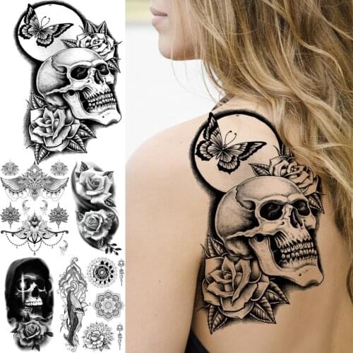 Realistic Skull Rose Flower Temporary Tattoos For Women Thigh Punk Girls Adult Fake Tattoo Skeleton Tatoos Halloween Butterfly
