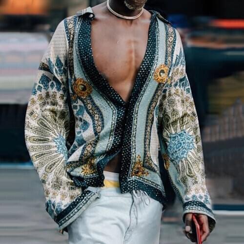 Autumn Men Long Sleeve s=Sexy Fashion Shirt Single-Breasted Geometric Print Vintage Boho Slim Young Top Winter Spring Tee Blouse