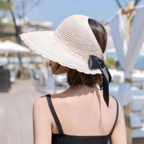 2020 New Style Hat All -match Sun-shading Empty Top Hat Outdoor Folding Sun-protection Breathable Straw Hat Women 's Bow