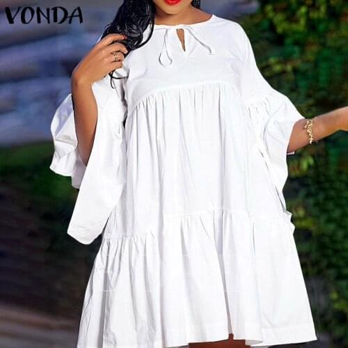 Women White Dress 2021 VONDA Sexy 3/4 Sleeve Flare Sleeves Plain Party Dress Beach Sundress Casual Vestidos