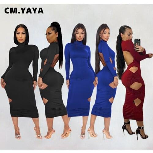 CM.YAYA Women Long Sleeve Turtleneck Cut Out Hole Side Bodycon Midi Maxi Dress Sexy Club Party Pencil Long Dresses 2021 New