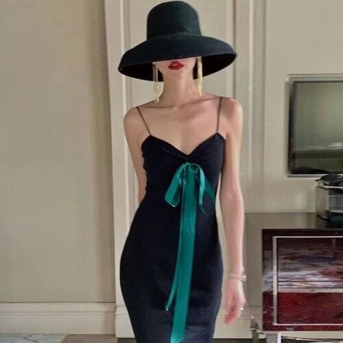 2021 New Dark Green Women Summer Dress Cotton Spaghetti Straps V Neck Slim Dresses Casual Vintage Midi Elegant Sexy Bow Skirt