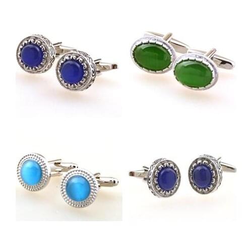 10pairs/lot Vintage Big Blue/Green Zircon Cuff Links Retro Silver Round Oval Jewel Stone Cufflinks Mens Jewelry