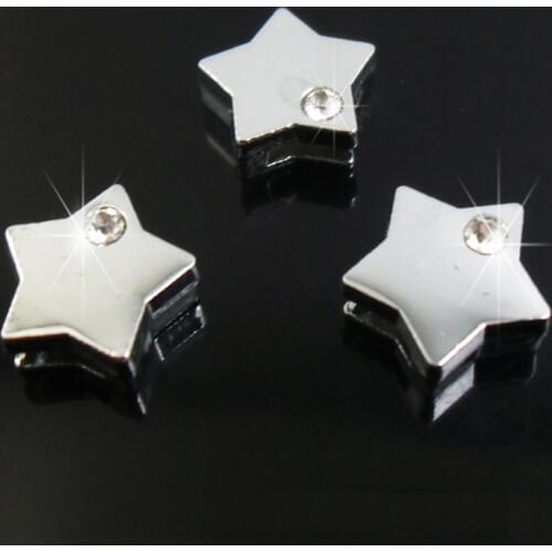 50PCS 8mm Silver Rhinstone Star Slide Charms Slide Beads DIY 8mm Bracelets Wristbands,Belt Straps Pet Name Collar