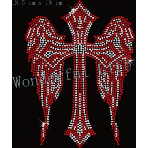 Free shipping Wings Cross Diamante Motif Rhinestone Transfer Red with White Clear crystal