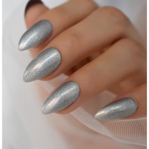 Shimmer Fine Glitter Press On Fingernails Shiny Holo Silver Dust Stiletto Fake Nails Ladies Designed Tips for Women Girl Fingers
