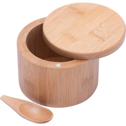 New Bamboo Wood and Spice Storage Box,with Lid Cover Wooden Teaspoon.Natural and Eco-Friendly, Perfect for Sugar,Salt(2 PCS)