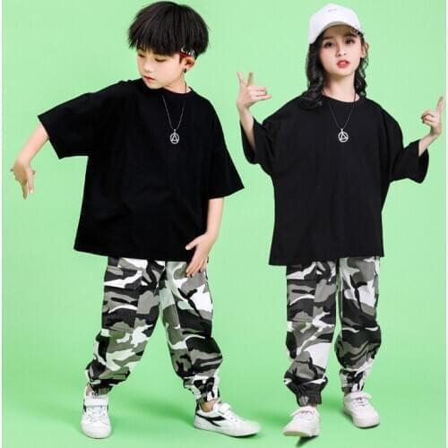 Boys' and girls' hip-hop boys' T-shirts, tactical camouflage pants, dance clothes, city clothes