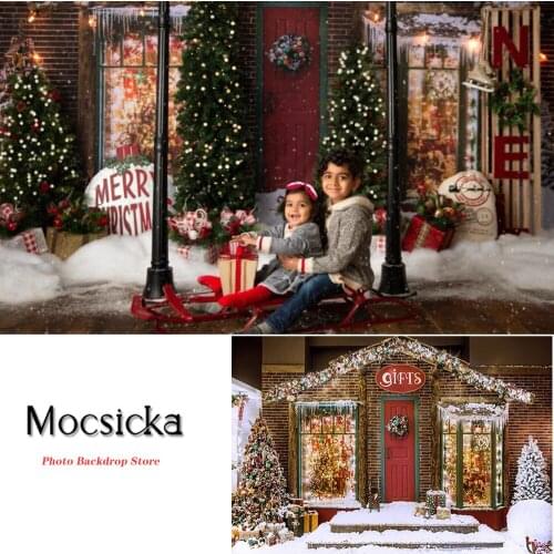 Christmas Gift Shop Photography Backdrop Xmas Tree Winter Snowflakes Tree Decorations Photo Props Studio Booth Background