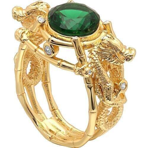 Hainon Men Gold Color Ring Dragon With Green Stone Round Zircon Ring Vintage Punk Party Finger Ring Jewelry For Men Women