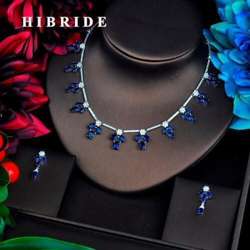 HIBRIDE Blue Flower Wedding Jewelry sets For Women Party Dresses Accessories Necklace Earings Set Cubic Zirconia Jewelry N-556