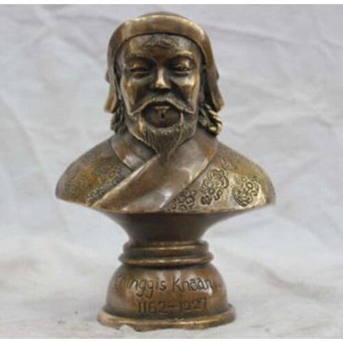 China Pure Bronze Genghis Khan Bust Statue Carved Auspicious Flowers
