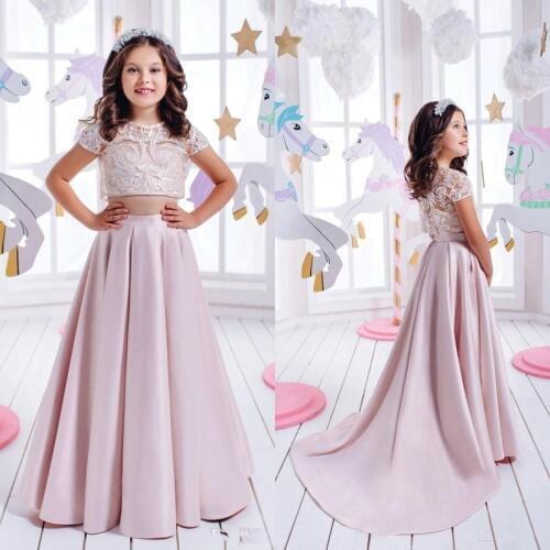 Two Pieces Flower Girl Dresses For Weddings Lace Applique Short Sleeve Kids Special Occasion Communion Dress For Girl
