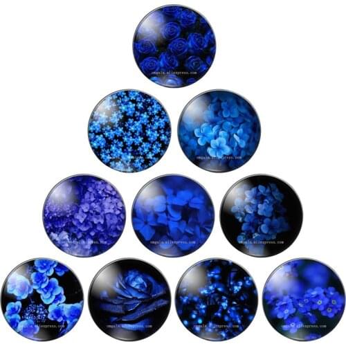 Blue Color Dream Flowers Patterns 10mm/12mm/16mm/18mm/25mm Round Photo Glass Cabochon Demo Flat Back Making Findings
