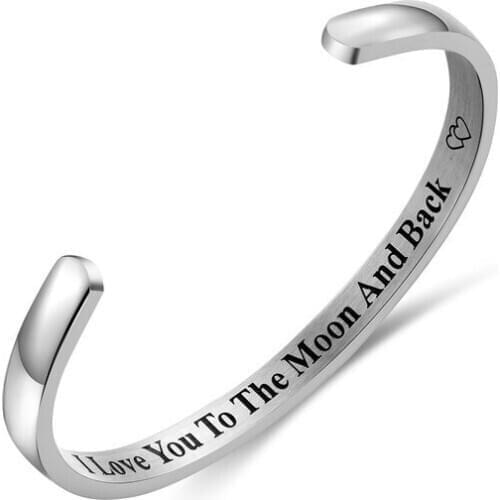 Hot selling arc lettering i love you to the moon and back 6mm opening titanium steel bracelet