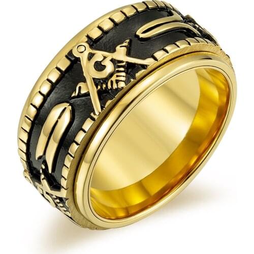 Hot Sale Golden Black Color Stainless Steel Masonic Steampunk Mens Rings Freemasonry Rotate Gothic Accessories Cool Punk Gifts
