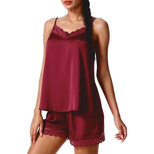 2Pcs Summer Elegant Vintage Satin Silky Camisole Sleepwear Sexy Lace Silk Sling Vest Pajamas Loose Casual Cute Nightwear PJs Set