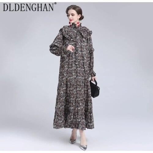 DLDENGHAN Fashion Runway Designer Autumn Maxi Dress Women Stand Collar Lantern Sleeve Ruffles Loose Indie Folk Print Dresses