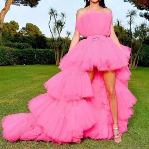 Fashion Hot Pink Sexy High Low Prom Gowns Puffy Ruffles Tiered Long Women Dresses To Formal Party Robe De Soiree