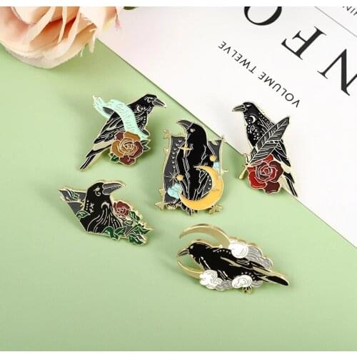 Cartoon Cute Animals Birds Black Crow Feathers Flowers Ribbons Enamel Pin Alloy Badges Clothes Bags Accessories Jewelry Gifts