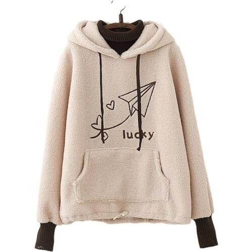 New Arrival Japan Style Harajuku Embroidery Hooded Lamb Wool Hoodies 2020 Winter Girl Cute Plush Fleece Thick Pullover 2011246