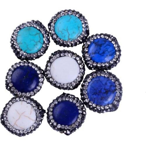 Wholesales charms natural blue crackle onyx round stone pave white black rhinestone pendant for jewelry making diy material