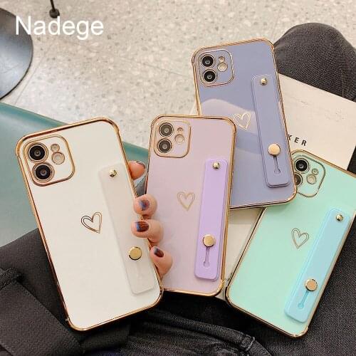 Couples loving heart Gold Plating Phone Case For iPhone 11 12 Pro Max Mini 8 7 Plus XR XS X Fashion Back Cover with wrist strap